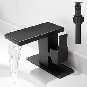 Hoimpro Matte Black Bathroom Faucet for 1 Hole Waterfall Faucet with Popup Drain, Bathroom Sink Faucet, Single Handle Single One Hole Vanity Faucet cUPC Water Supply Line, 6 Inch Deck Plate