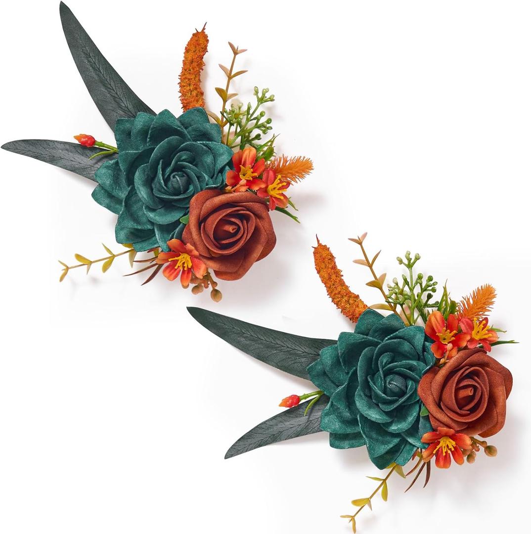 Serwalin Set of 2 Boutonniere for Men, 6-7inch Corsage Groom and Best Man Boutonnieres for Wedding Prom Ceremony Anniversary Party Cake Topper, Teal Orange