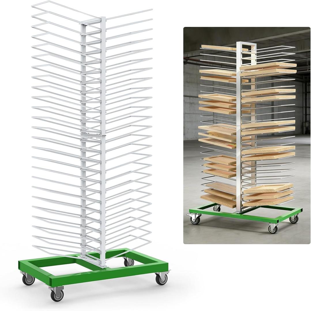 Mouuy 50-Shelf Paint Drying Rack for Cabinets & Doors, Heavy-Duty Cabinet Door Drying Rack, 25lbs/Shelf, Space-Saving Vertical Stand for Paint Studios and Classrooms with 4 Locking Casters