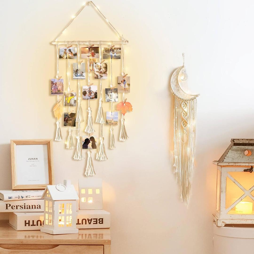 Gifts for Teenage Girls, Hanging Photo Display & Moon Dream Catchers, Christmas Teen Girls Gifts Ideas Ages 10 11 12 13 14 Years Old, Macrame Wall Decor Boho Bedroom Dorm Aesthetic Room Decor, Standard Postcard Size