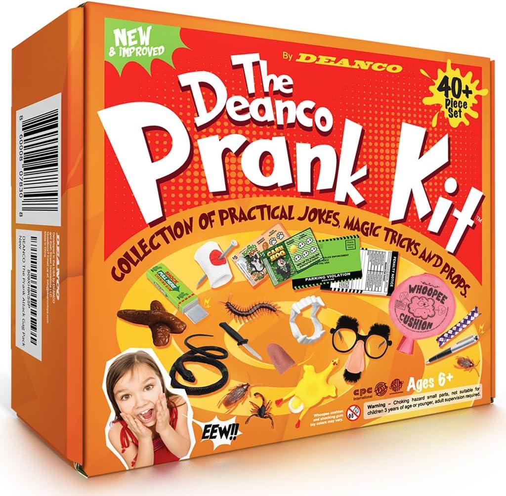 DEANCO Prank kit - 40 + Piece Set - Gags & Practical Joke Toys - Prank Stuff for April Fools - Ultimate Practical Jokes - Toys for Boys 8-10