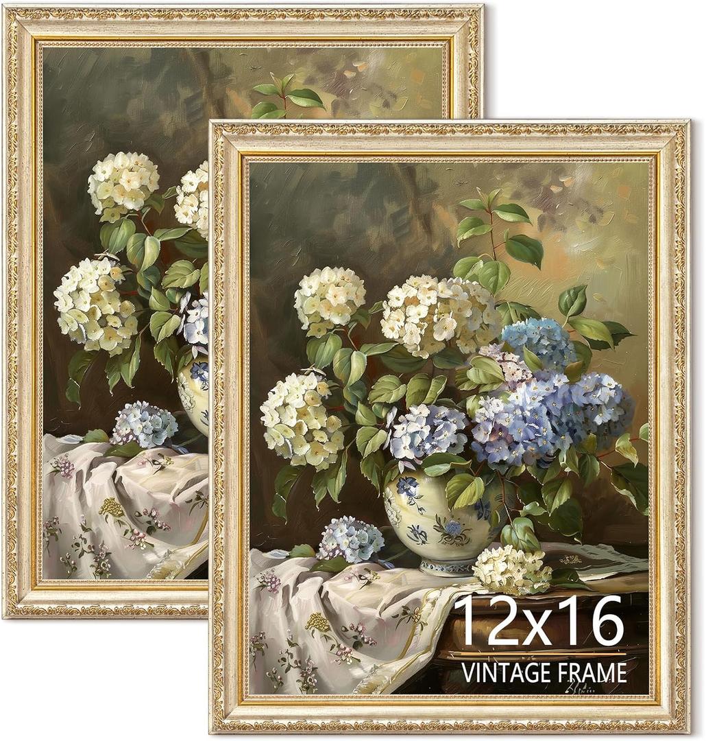 12x16 Vintage Picture Frames Set of 2, Ornate Champagne Silver Photo Frame with Warm Light Gold Tone, Antique Frame for Wall and Tabletop Decor, Retro Home Decoration & Gift, 2 Pack