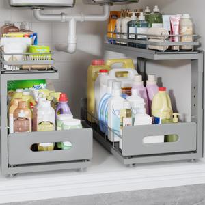 Under Sink Organizer Upgrade To Professional Rails,2-Tier Dual Pull Out Cabinet Storage, Height Adjustable Slide Out Drawers For Bathroom Kitchen,2 Pack-18.5"Dx12.8"-16.9"H, Gun Gray
