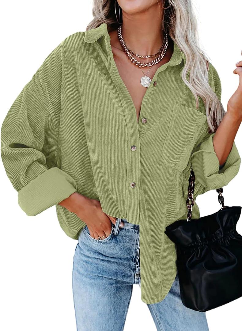 Dokotoo Womens Corduroy Button Down Shirts Boyfriend Long Sleeve Oversized Blouses Tops (Green, S)