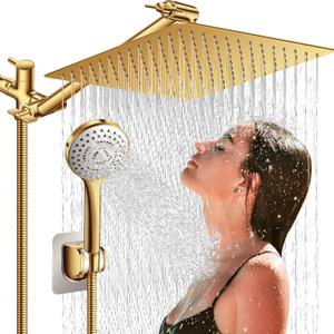 12'' Shower Head with Handheld, High Pressure Rainfall Shower Head Combo with 11'' Adjustable Extension Arm, 5 Setting Hand Held Shower Head with 60 Inch Shower Hose. Anti-Leak (Gold)