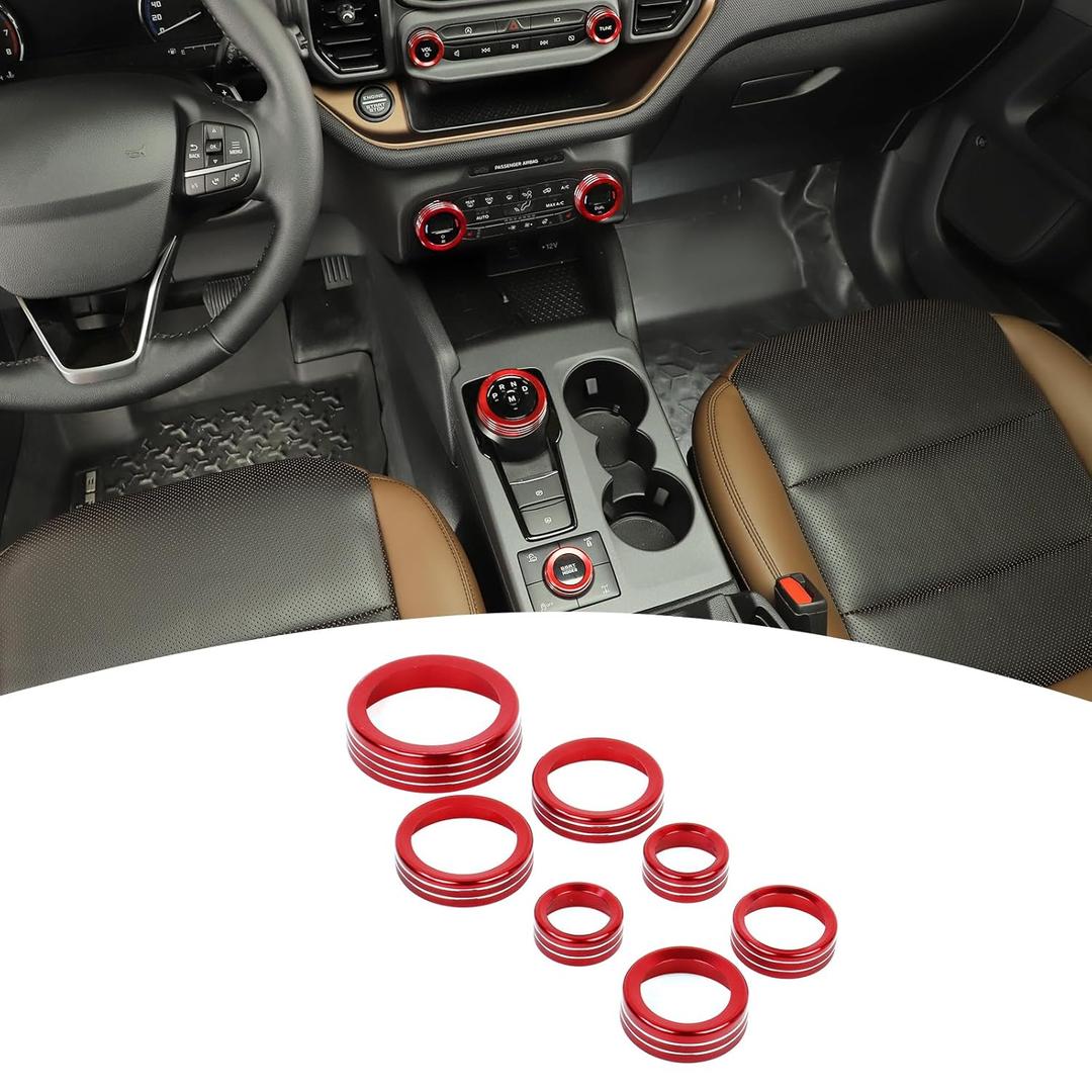for Bronco Sport AC/Radio/Headlight Knob Cover Trim Ring for Ford Bronco Sport 2021 2022 2023 Red Interior Accessories 7pcs