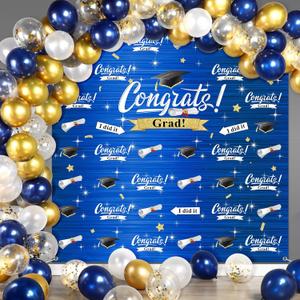 Graduation Party Decorations Including Congrats Grad Photography Backdrop Banner Balloons Garland Arch Kit for Adults Kids Grad Party Decoration Supplies (Navy Blue and Gold)