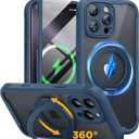 Miracase for iPhone 16 Pro Max Case with 360 Magnetic Ring Stand [Compatible with Magsafe] Full-Body Drop Proof Bumper Phone Case with Built-in 9H Tempered Glass Screen Protector,Blue