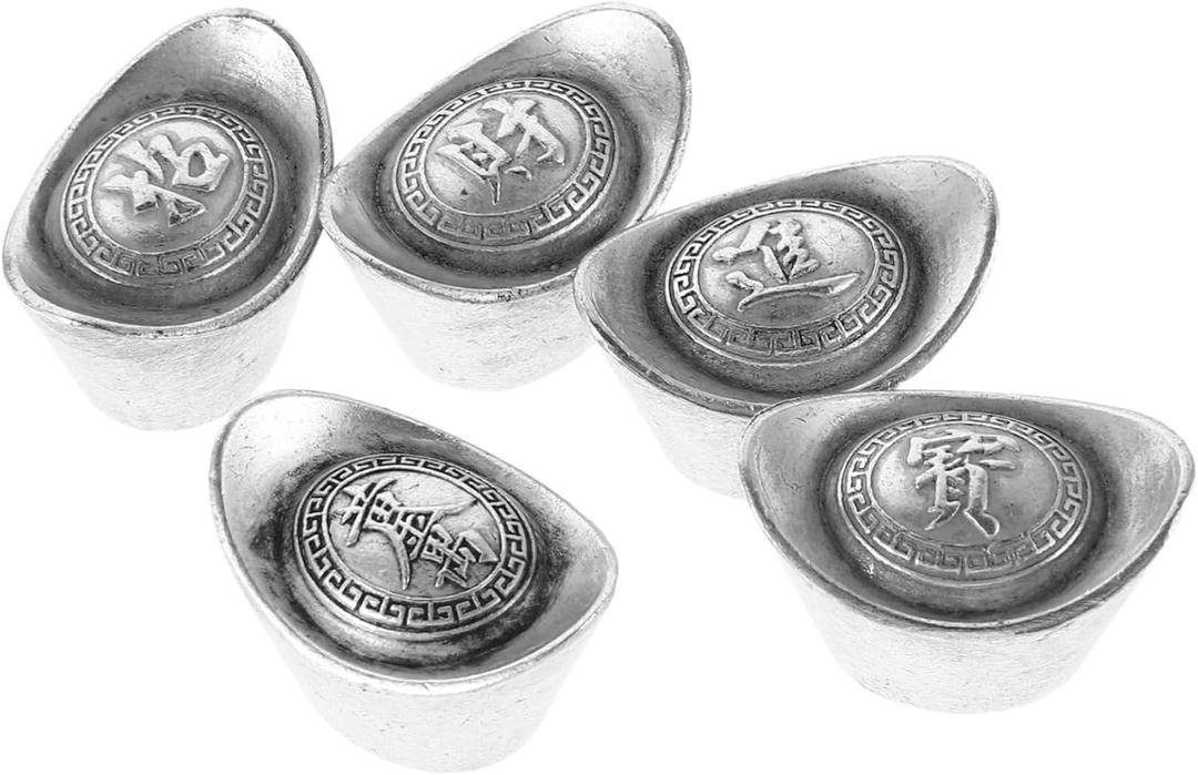 HANABASS Vintage Chinese Yuan Bao Figurine 1.38 Inch Antique Silver Feng Shui Wealth Decoration Good Luck Ornament for Home Party Collectibles