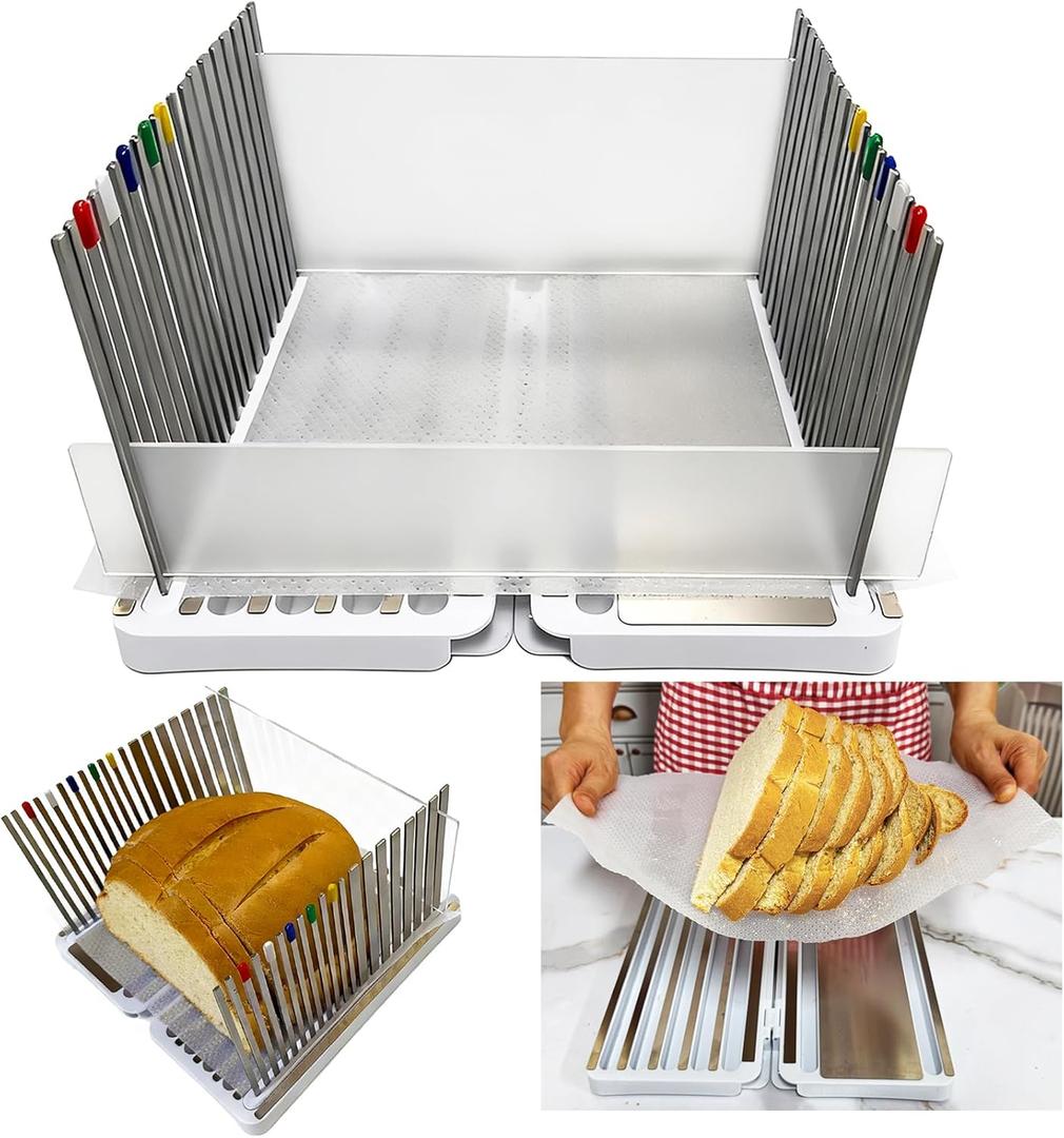 Stainless Steel Bread Slicer for Homemade Bread, Bread Slicing Guide with 20 Liners, 2 Thickness Cutting Guide with Crumb Tray, Bread Loaf Cutter Adjustable Width, for Sourdough, Meats, Deli