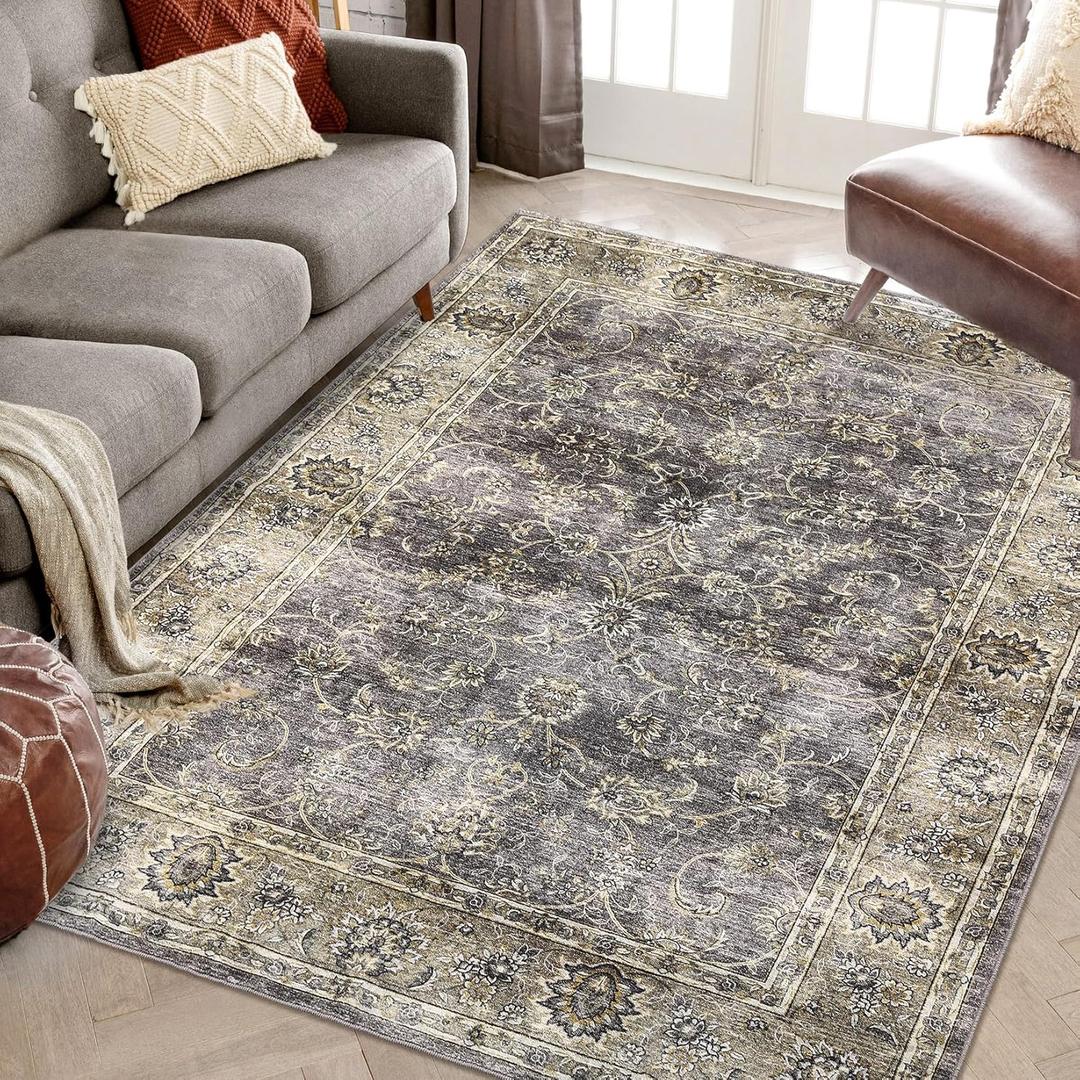 COZYLOOM Washable Rug 9x12 Boho Vintage Floral Rug Non Slip Carpet for Bedroom Living Room Soft Low Pile Rug Stain Resistant Accent Rug for Living Room Bedroom, Grey