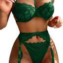 Lilosy Sexy Choker Floral Lace Underwire Push Up Garter Belt Lingerie Set for Women Sheer Bra and Panty 3 Piece (Large, Army Green)
