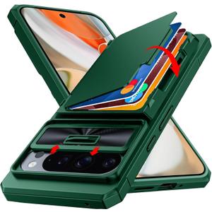 CENMASO for Google Pixel 9 Pro XL Case with Card Holder (4 Cards) Sliding Camera Cover & KickstandRFID Blocking Military Drop Protection & TPU Edge Wallet Case for Pixel 9 Pro XL-Green