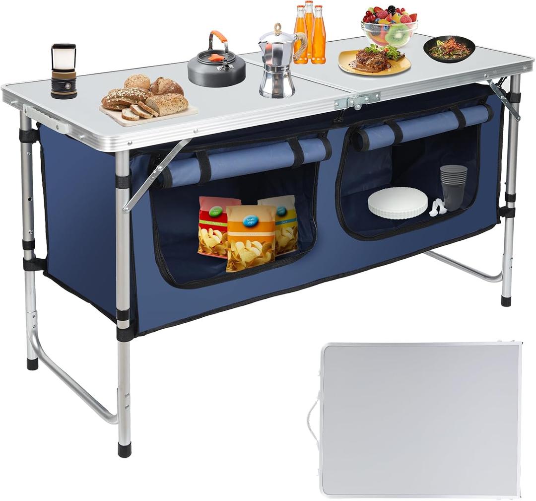 Outdoor Folding Camping Table with Storage Organizer, Portable Aluminum Composite Panel Lightweight Table, 3 Adjustable Height, for Indoor, BBQ, Party, Picnic, Hiking, Blue, 47.2 inches x 27.6 inches x 18.9 inches