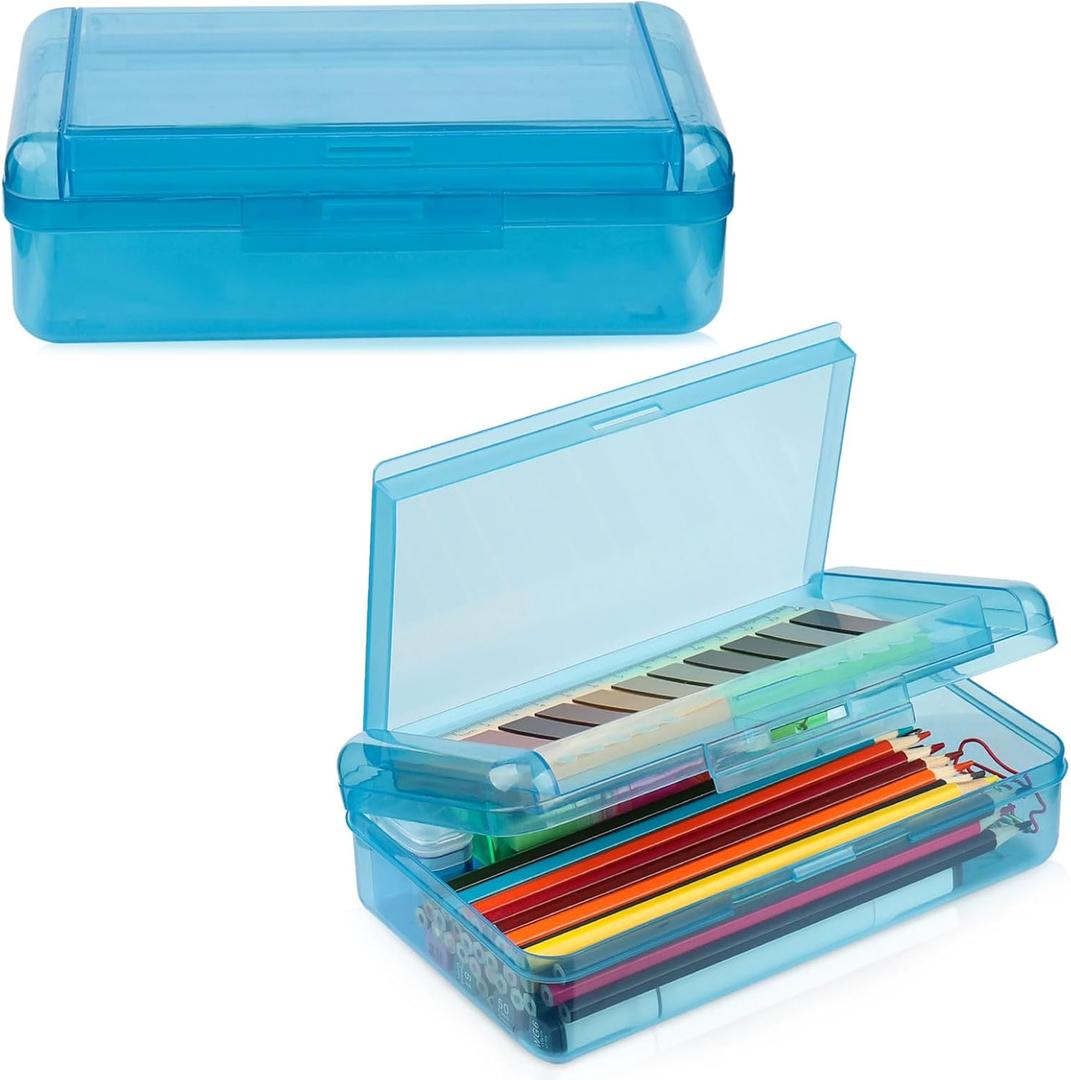 Double Layer Large Capacity Pencil Case, Translucent Plastic Hard Pencil Box with Snap-tight Lid, School Office Supplies Storage Box for Stationery, Pen, Crayon (Blue, 1 Pack)