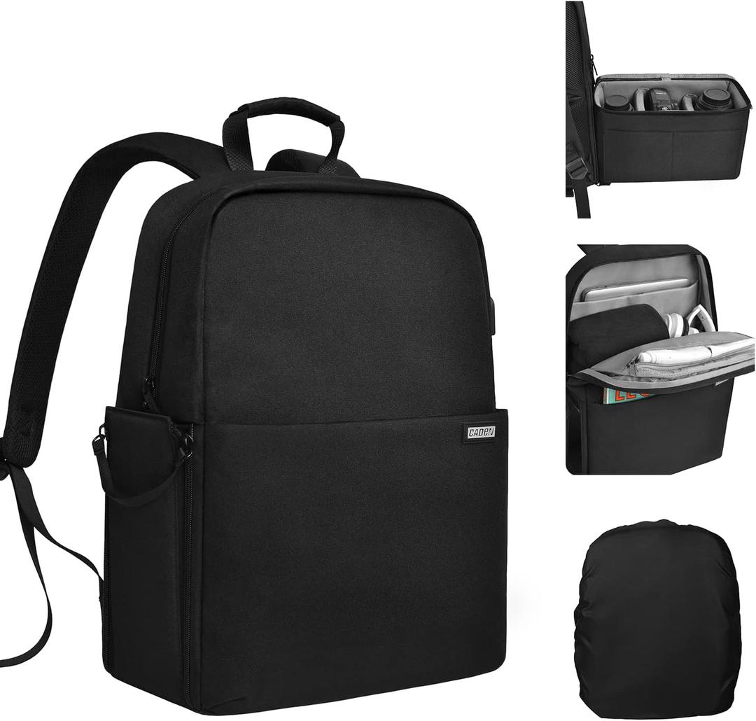 CADeN Camera Backpack Bag with 15.6" Laptop Compartment USB Charging Port, Waterproof Camera Case for DSLR Mirrorless SLR Cameras, Compatible for Sony Canon Nikon Camera and Lens Tripod Accessories (Large, 2.0 Black)