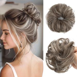 CJL HAIR 2PCs Small Cute Messy Bun Hair Piece for Thin Hair Women Mini Synthetic Curly Bun Scrunchies Updo Hairpieces Middle Grey