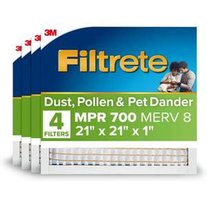 Filtrete 21x21x1 AC Furnace Air Filter, MPR 700, MERV 8, Tough on Pollen, Easy on Airflow, 3-Month Pleated 1-Inch Electrostatic Air Cleaning Filter, 4-Pack (Actual Size 20.81 x 20.81 x 0.81 in)