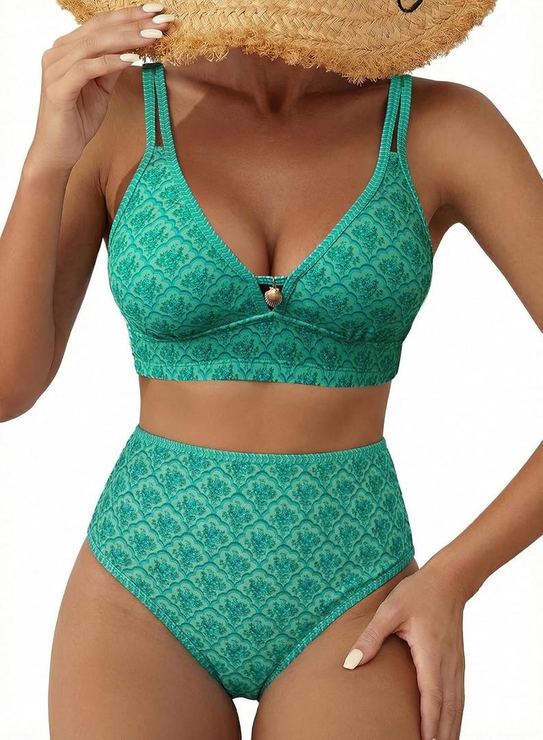 Herseas Women's Bikini Sets V Neck Cutout Two Piece Swimsuit Push Up High Waisted Tummy Control Bathing Suits Sexy Beach Swim Wear Summer 2026 Zigzag Stitch Green Scalloped Floral Medium