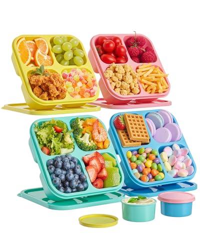 Canfanni 4 Pcs Snack Box Containers Set, Reusable 4 Compartment Lunchable Container with 2Pcs Sauce Containers, Stackable BPA-Free Bento Box for School, Work, Travel (4 Color)