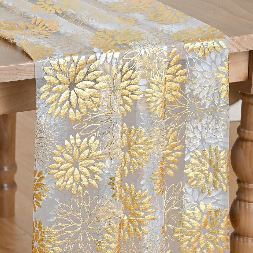 Artoid Mode 3PCS Beige Gold Dahlia Flower Gauze Table Runner 120 Inch 10FT, Glitter Metallic Foil Seasonal Sheer Dining Holiday Table Decor for Home Party