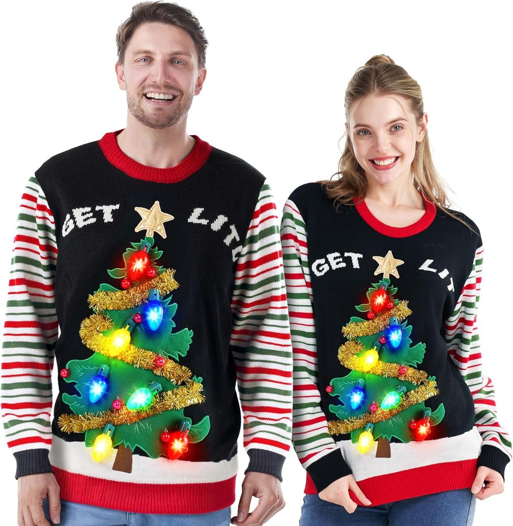 JOYIN Ugly Christmas Sweater Women Men Couples, LED Light Up Ugly Christmas Sweater Kids 2025 Striped Tree(Black) (L)