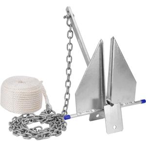 Heavy Duty Boat Anchor Kit, Fluke Style with Chain and Rope Set, Compatible with Pontoon, Deck, Fishing, and Sailboats, Galvanized Steel (10LB)