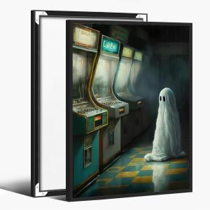 Vintage Halloween Wall Decor Horror Poster Cute Ghost in An Abandoned Arcade Wall Art Decor Gothic Dark Academia Ghost Art Poster Aesthetic for Living Room Bedroom8x12inch black framed (style-6)