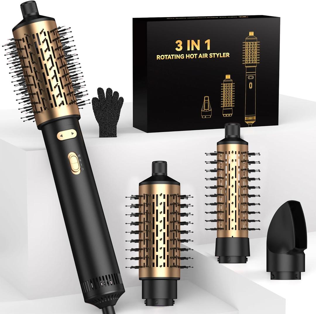 4 in 1 Rotating Hair Dryer Brush Spinning with Detachable Brush (2" & 1.5"), Negative Ionic Brush Blow Dryer 100-120V,3 Heats and 2 Speeds Rotating Hot Air Brush for Curling, Straight, Drying