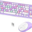 Wireless Keyboard and Mouse Combo, Retro Typewriter Keyboard with Round Keycaps, 2.4GHz USB Cute Wireless Keyboard Mouse for Computer, Desktop, Laptop (Purple Colorful)