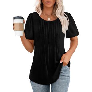 OFEEFAN Womens T Shirts Short Sleeve Pleated Dressy Casual Scooped Neck Summer Tops Blouses 3XL