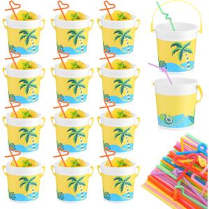 Yaomiao 32 oz Plastic Cocktail Buckets for Drinks with 100 Colorful Straws Portable Drink Buckets for Parties Reusable Punch Bowls for Summer Beach Bar Kitchen (12 Pcs)