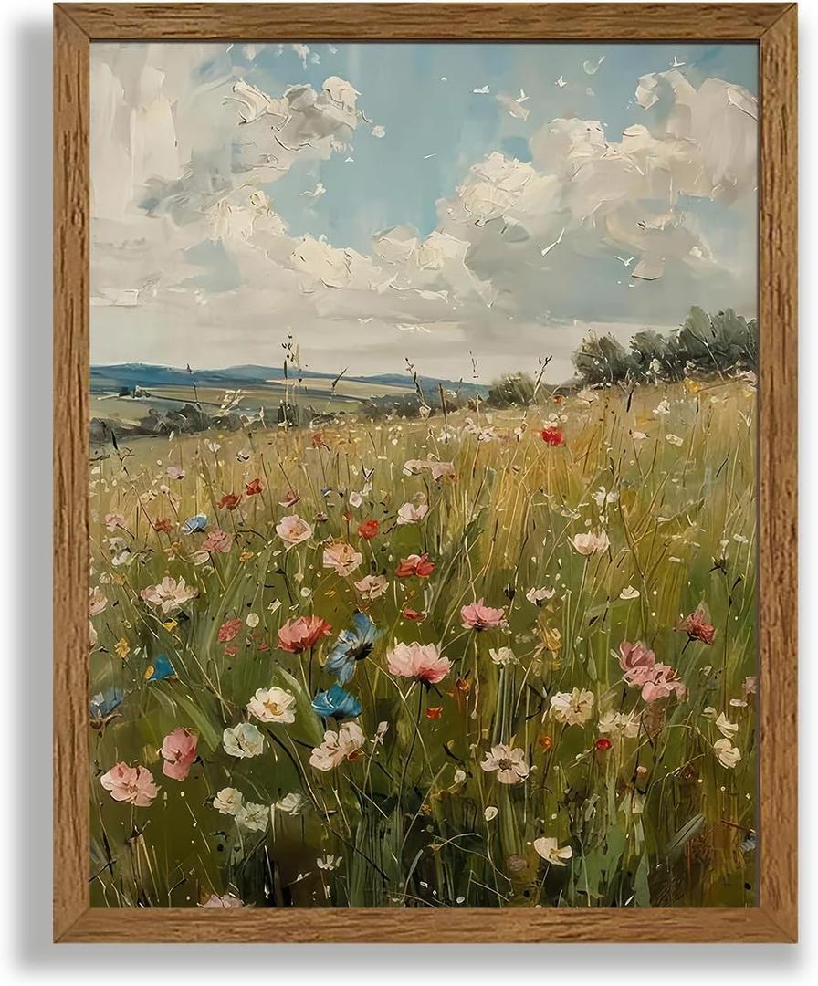 AVECCO Vintage Peaceful Wildflower Canvas Wall Art, Nature Floral Artwork Landscape Wall Decor, Colorfu Botanical Art Prints for Bedroom Living Room Office Home Decoration 8x10 Inches Wood Framed