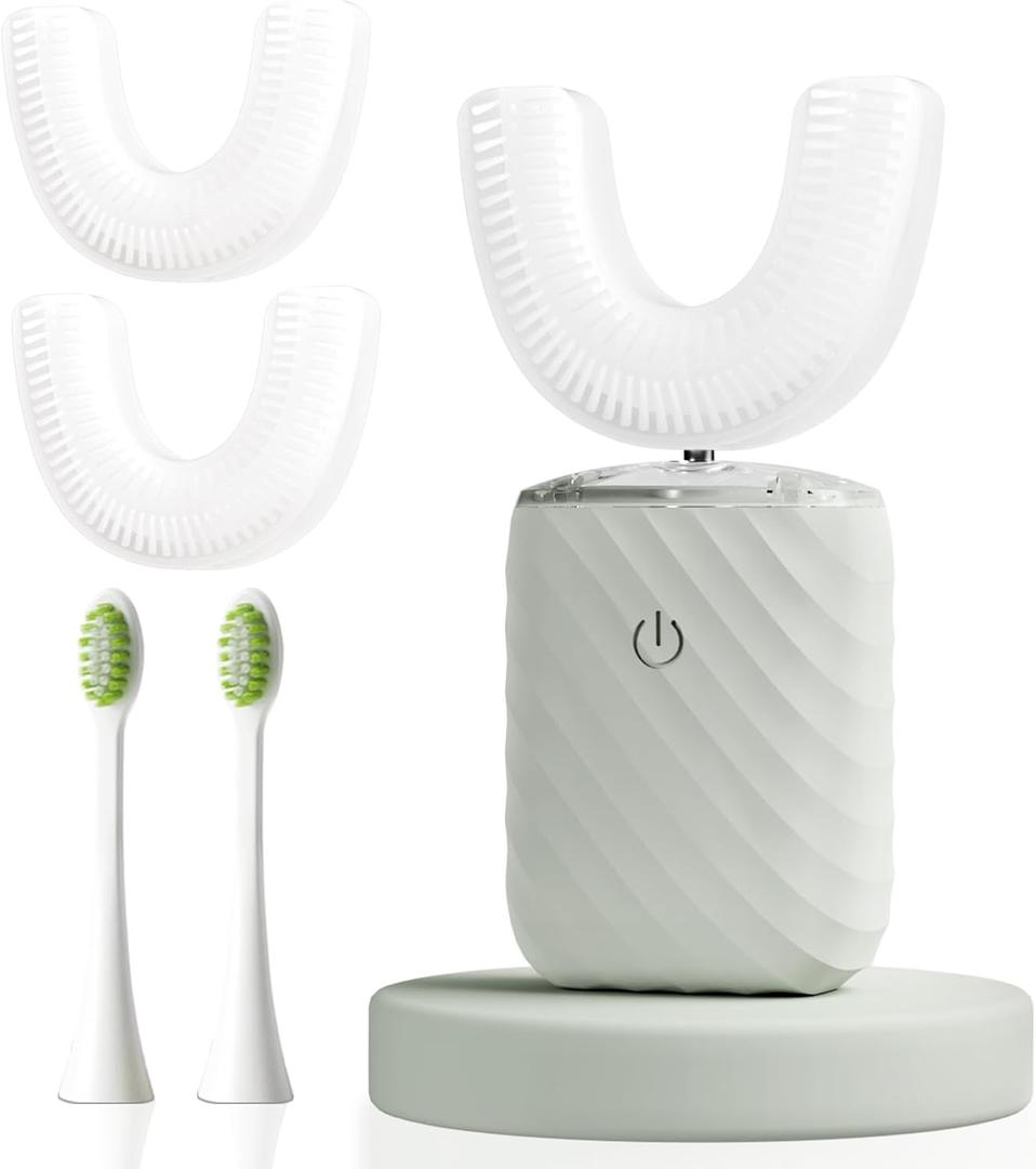 Ultrasonic Automatic Electric Toothbrush for Adults- U Shaped self Brushing Toothbrush, 360° Mouth Cleaning, 5 Modes for Whitening, IPX7 Waterproof Rechargeable (Light Gray)