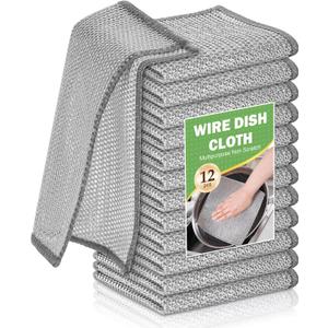 12PCS Non-Scratch Wire Dishwashing Rags, Multipurpose Wire Dishcloth, Silver Wire Cleaning Cloths for Home/Kitchen (Silver, 7.87 x 7.87 inches - 12PCS)