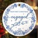 3 x First Christmas Engagement Ornament Gifts for Couples, Blue 2025 Engaged Ornaments for Christmas Tree, Ceramic