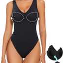 Decorus Women's Shapewear Tank Bodysuits - Plunge V Neck Sleeveless Shapewear Built in Bra V Backless Thong Body suits Tops (Black, XXL)