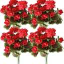 4PCS Realistic Outdoor Artificial Fake Geraniums Silk Flowers Plants, UV Resistant, No Fade, Look Real Outside Faux Plastic Greenery Red Flowers for Garden Porch Patio Window Box Hanging Planter