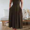 FairBeauty Women's Square Neck Casual Sleeveless Long Dress Stretchy Summer Sundress with Pockets (Brown, S)