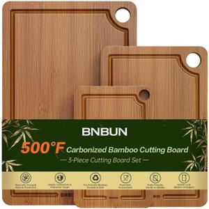 Bamboo Cutting Board for Kitchen, 3-Piece Set with Juice Grooves, Side Handles & Non-Slip Mats  Durable Bamboo Chopping Board for Meat, Vegetables and Fruits