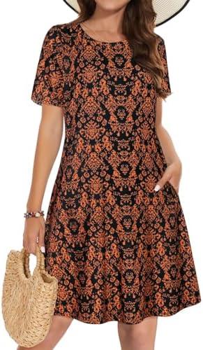 Summer Dresses for Women Casual Tshirt Short Sleeve Floral Sundress Beach Cover Ups with Pockets 2026, Black Orange Floral, 3XL