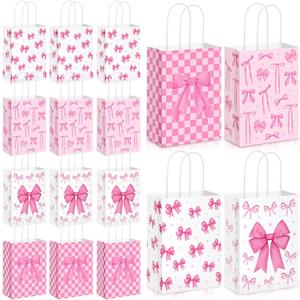 Kolldenn 24 Pcs Pink Bow Paper Gift Bags, Coquette Goodie Bags with Handles, Cute Candy Treat Storage for Wedding Birthday Holiday Engagement Baby Shower Party Favors Supplies