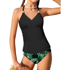 NECIOUS Girls Swimsuit 2 Piece Bathing Suit Halterneck Ruched Tankini Sets Printed Girls' Swimwear, 9-10 Years