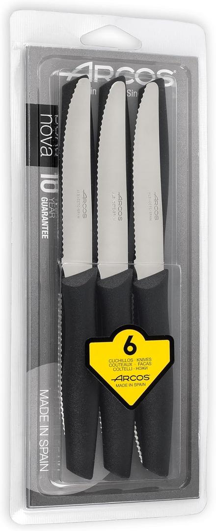 Arcos Serrated Steak Knife Set of 6 Pieces in Stainless Steel. 4 Inch Meat Knives Set with Ergonomic Polypropylene Black Handle. Series Nova