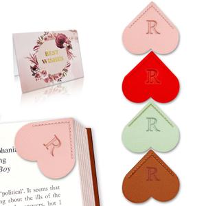 2 x Personalized Leather Heart Bookmark with Initial, Cute Letters Custom Corner Book Mark for Reading Women, Student, Book Lovers, Teacher Appreciation Gifts (Red+Brown+Pink+Honeydew Green, R)