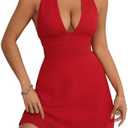 Milumia Women's Deep V Neck Halter Mini Dress Sexy Bow Tie Backless Short Dress Large