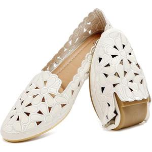 HEAWISH Women's Floral Ballet Flats for Women Black Beige Slip On Flowers PU Leather Round Toe Dress Shoes , Beige 