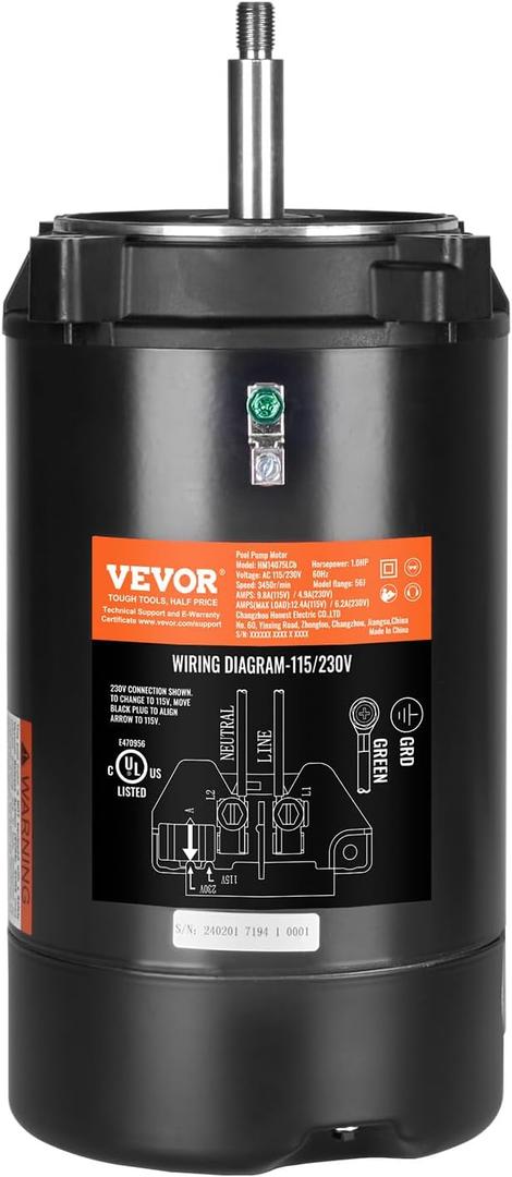 VEVOR 1.0 HP Pool Pump Motor, 3450 RPM High Speed, 115V (9.8 Amps) / 230V (4.9 Amps), 90F/250V Capacitor, 1.4 SF, CCW Rotation, 56J Round Flange Replacement Motor for Swimming Pools, Spa Centers