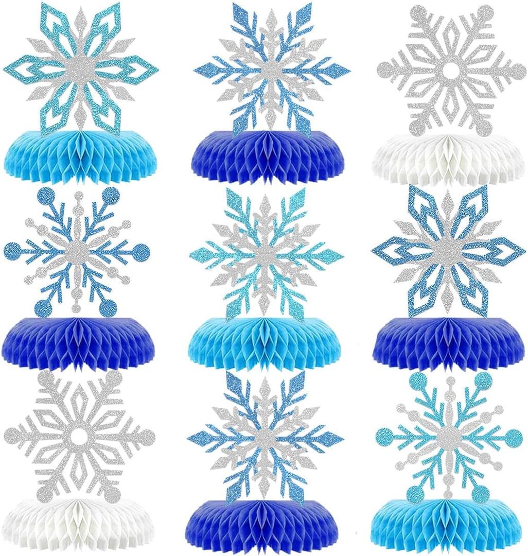 9Pcs Winter Wonderland Decorations 3D Snowflake Honeycomb Table Centerpieces for Frozen Winter Blue White Theme Christmas Baby Shower Birthday Party Supplies (Snowflake)