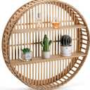 Pinkunn Rattan Wall Shelf Round Wicker Shelves Boho Wall Mounted Display Storage 2 Tier Circle Farmhouse Home Decorations for Dining Room Living Room Office Kitchen Bathroom, 23.62 x 23.62 x 4.72 inches